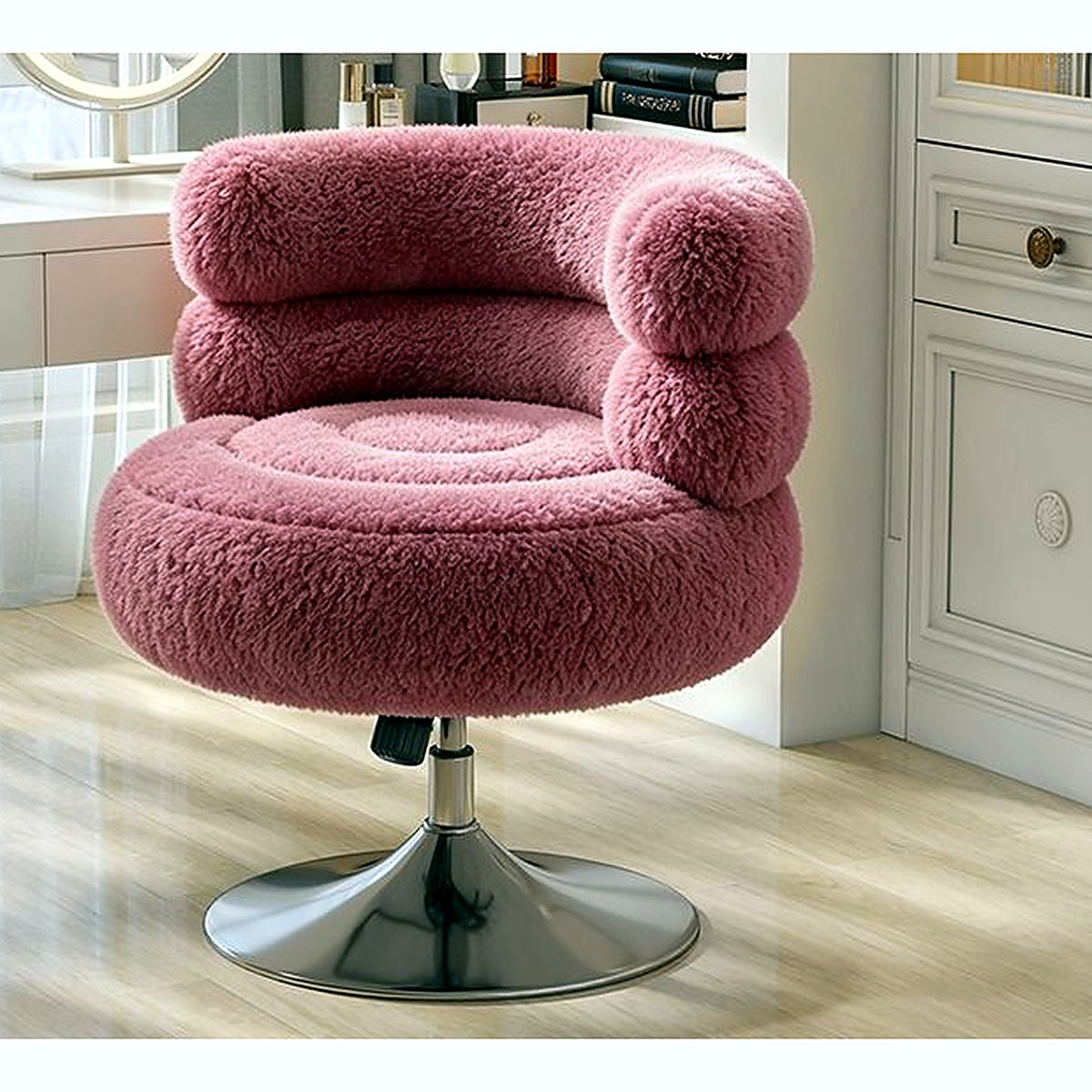 Fauteuil de coiffeuse moumoute rose, détail du socle pivotant chromé