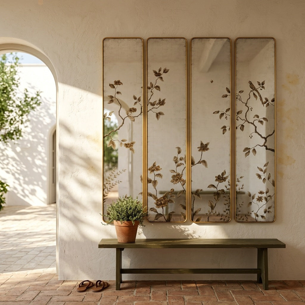 Miroir chinoiserie 4 panneaux AUBRYNE au-dessus d'un banc, patio méditerranéen