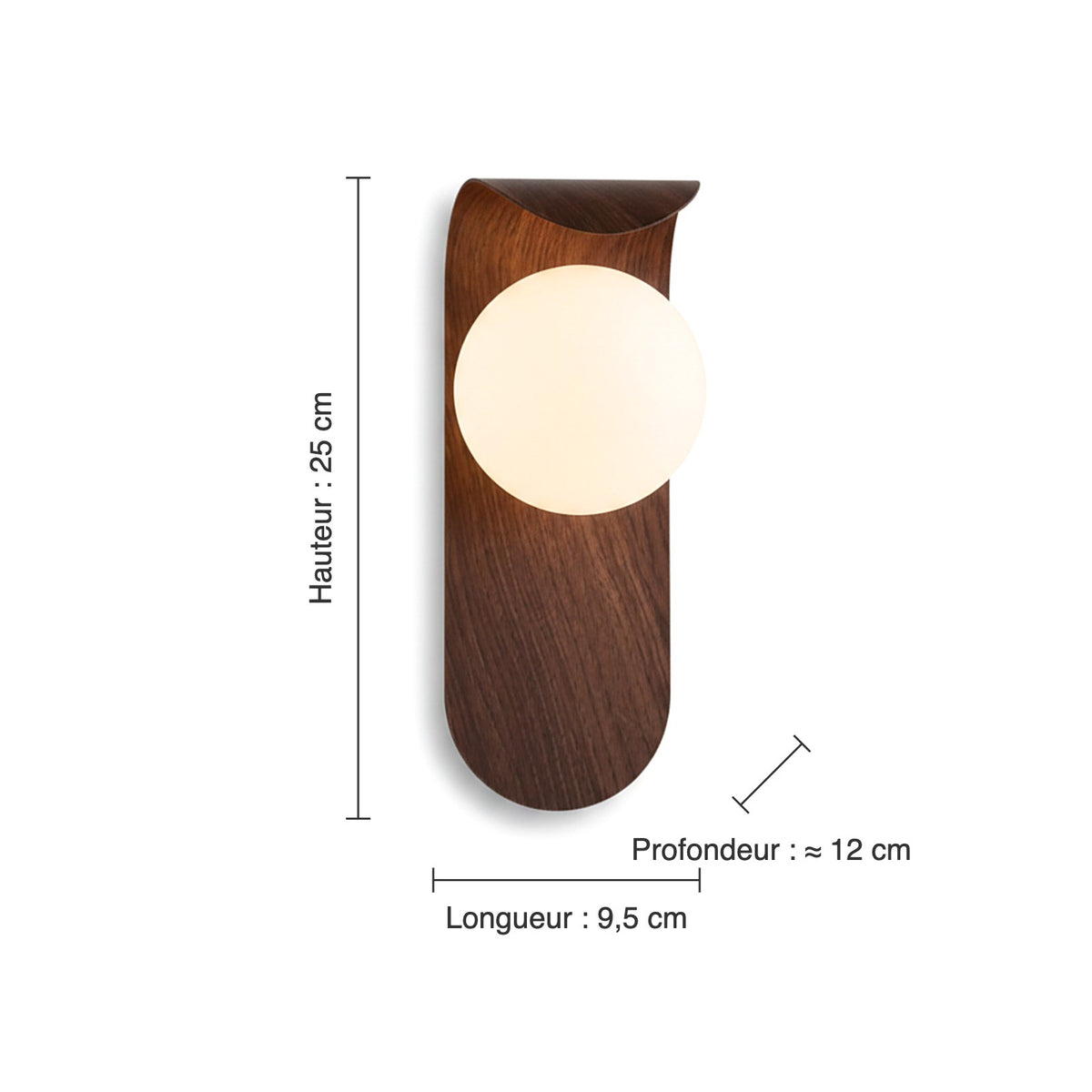 Dimensions de l'applique murale en bois : hauteur 25 cm, largeur 9,5 cm
