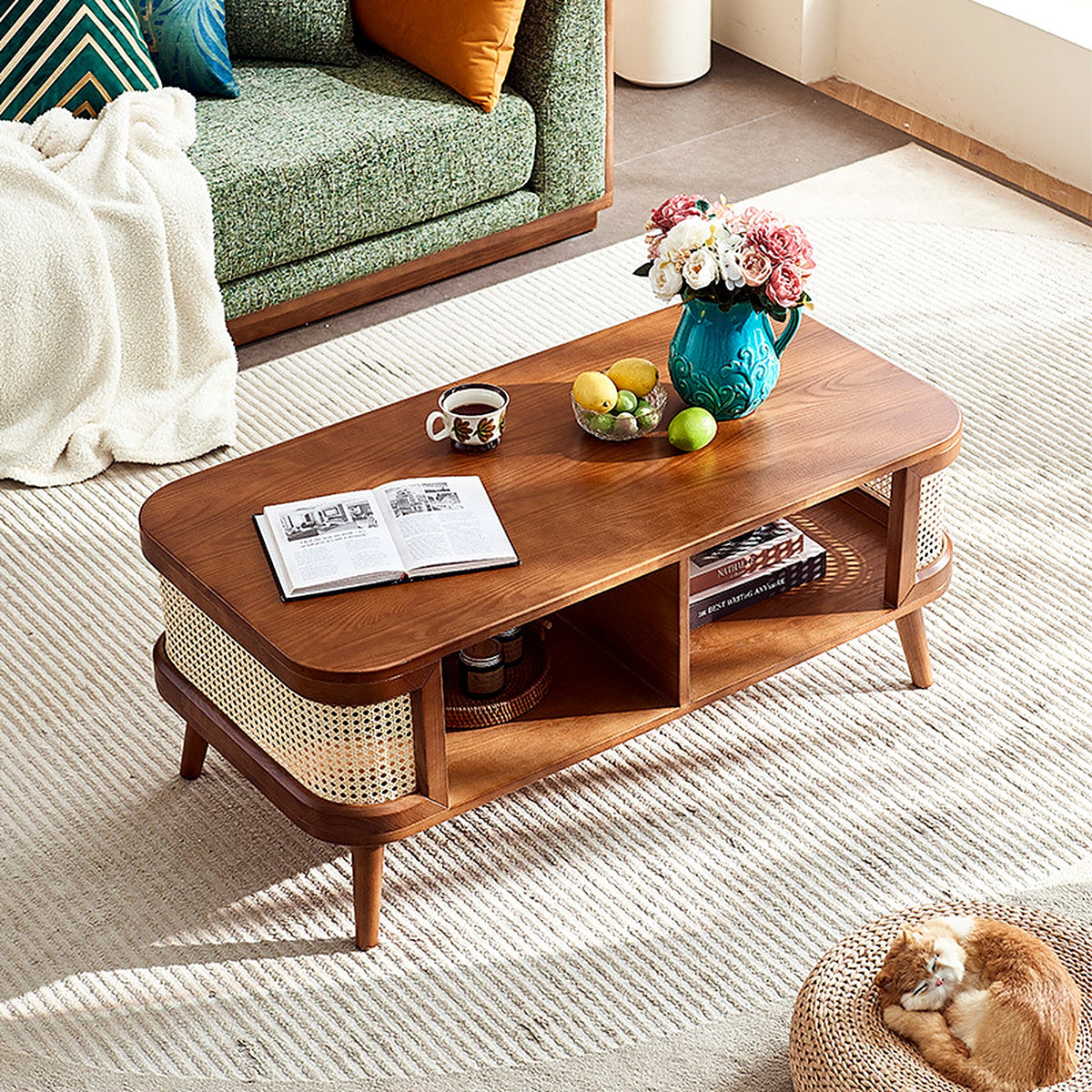 Table basse rotin vue de dessus, niches de rangement