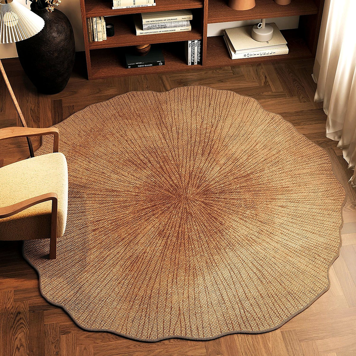 Tapis rond feuille de ginkgo AUBRYNE, velours bouclé caramel