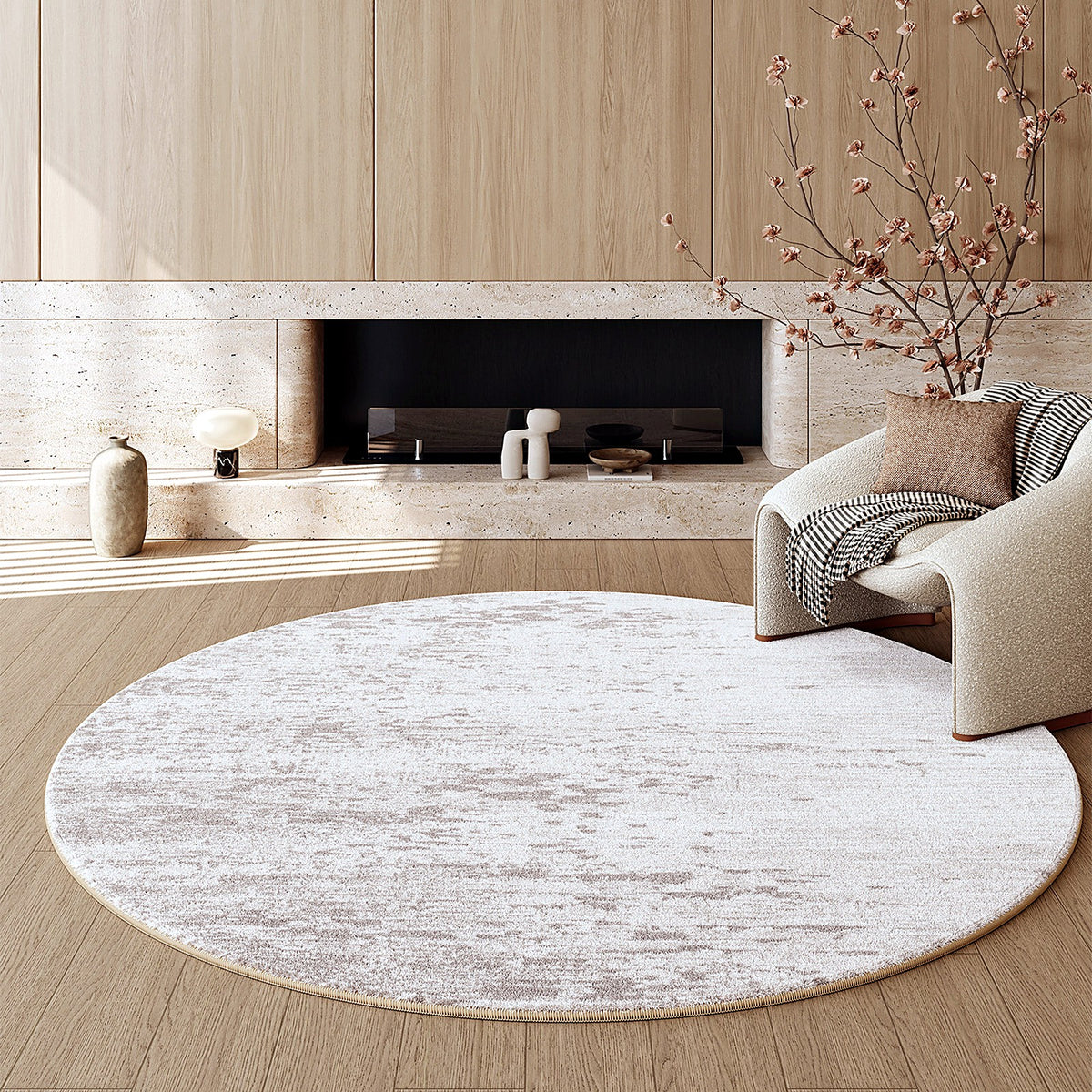 Tapis rond effet cachemire AUBRYNE, style Brume nacrée