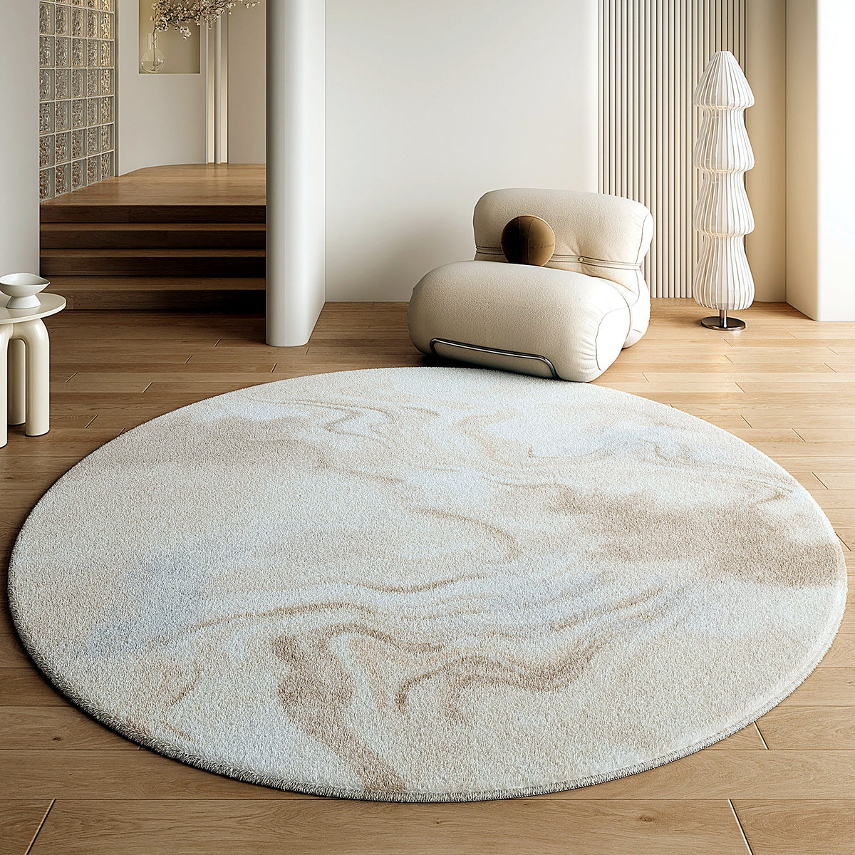 Tapis rond effet cachemire AUBRYNE, style Marbre crème
