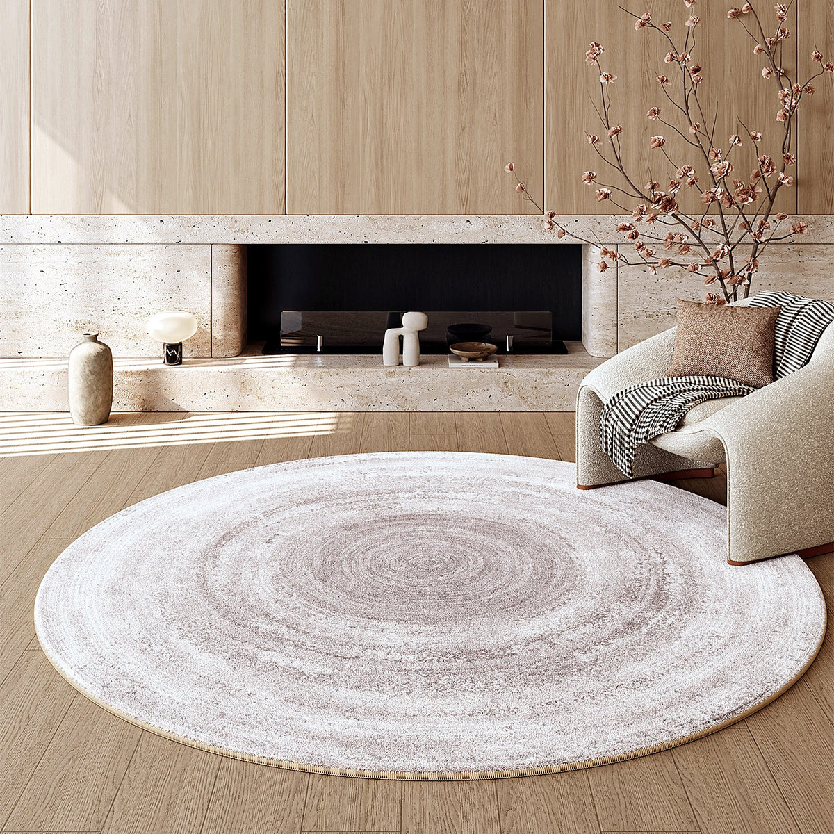 Tapis rond effet cachemire AUBRYNE, style Cercles ivoire