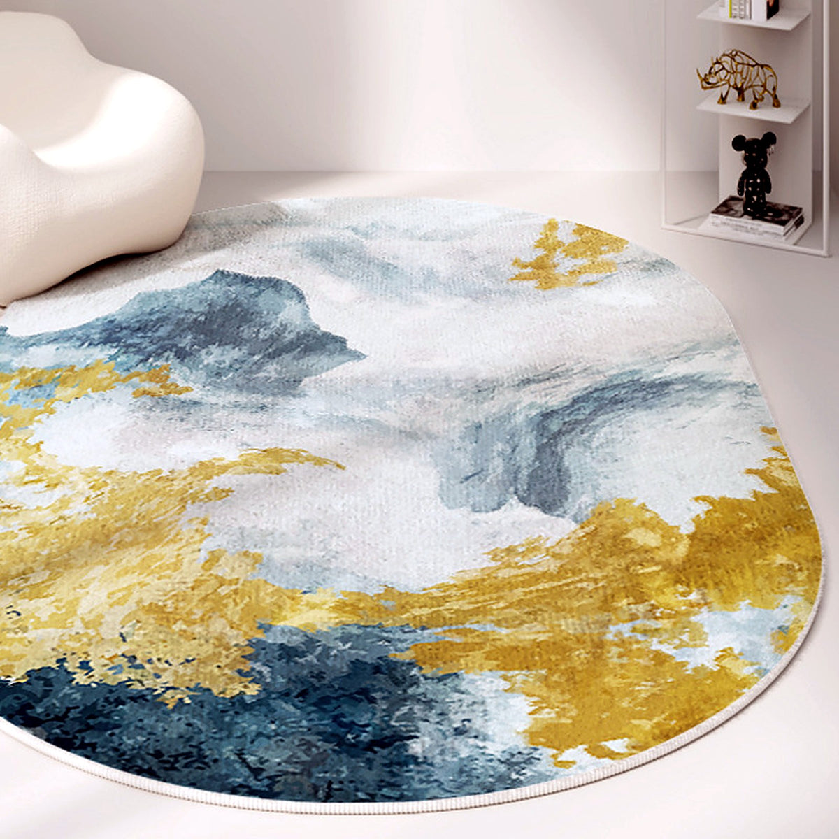 Tapis ovale AUBRYNE, style Marbre bleu et or