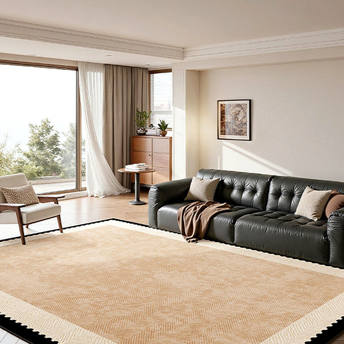Tapis bouclé AUBRYNE camel à double bordure festonnée dans un salon