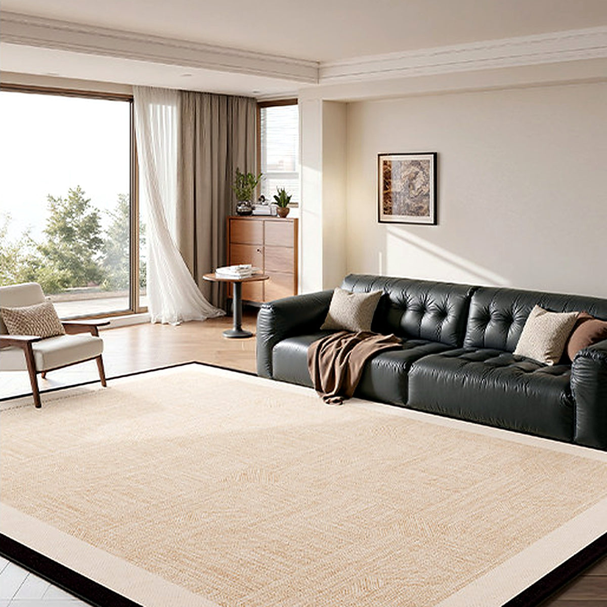 Tapis bouclé AUBRYNE sable à motif géométrique et double bordure droite dans un salon