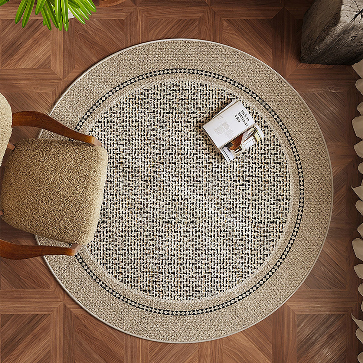 Tapis rond bouclé AUBRYNE, style Frise grecque