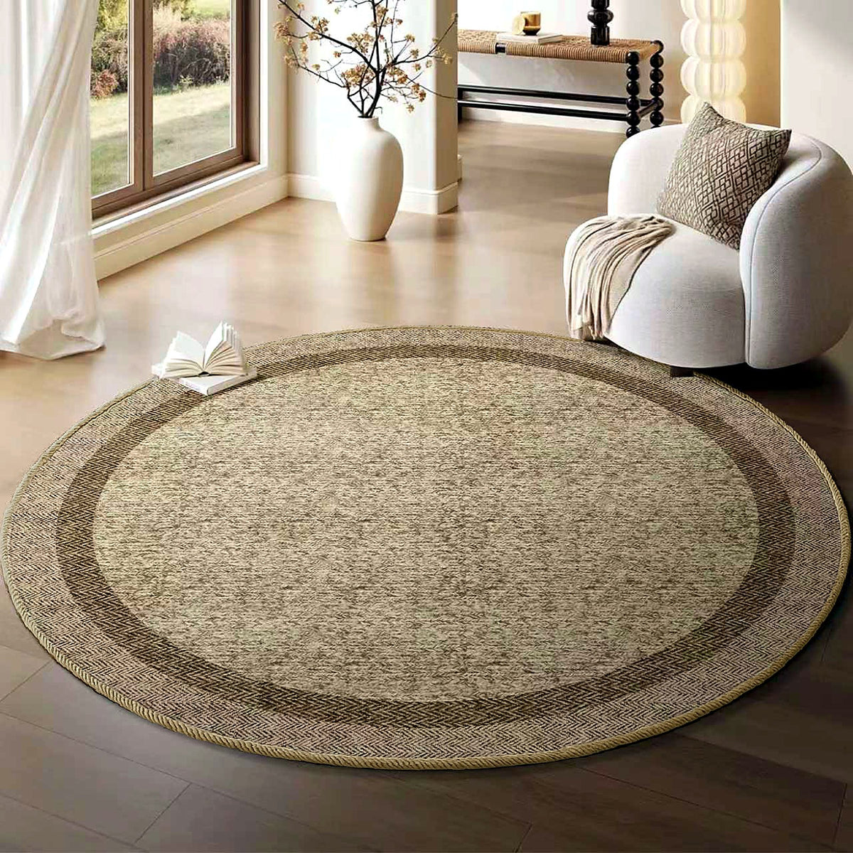 Tapis rond bouclé AUBRYNE, style Bordure moka