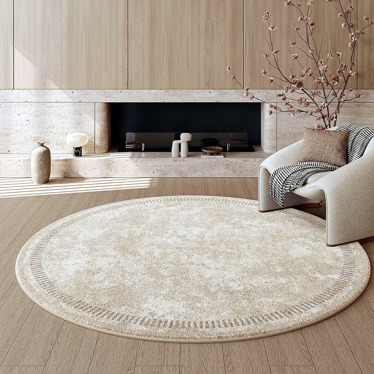 Tapis rond effet cachemire AUBRYNE, style Beige à frise
