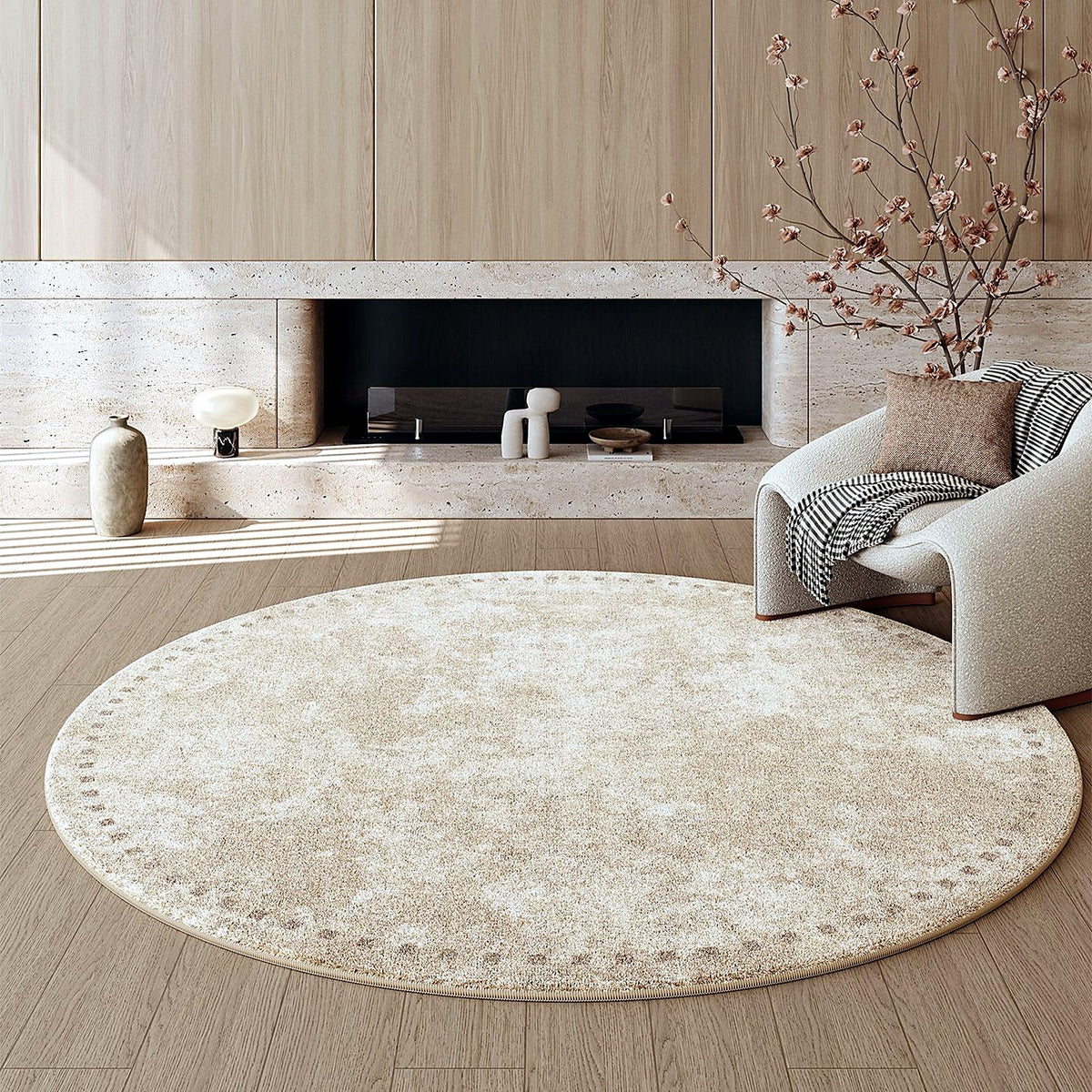 Tapis rond effet cachemire AUBRYNE, style Grège perlé
