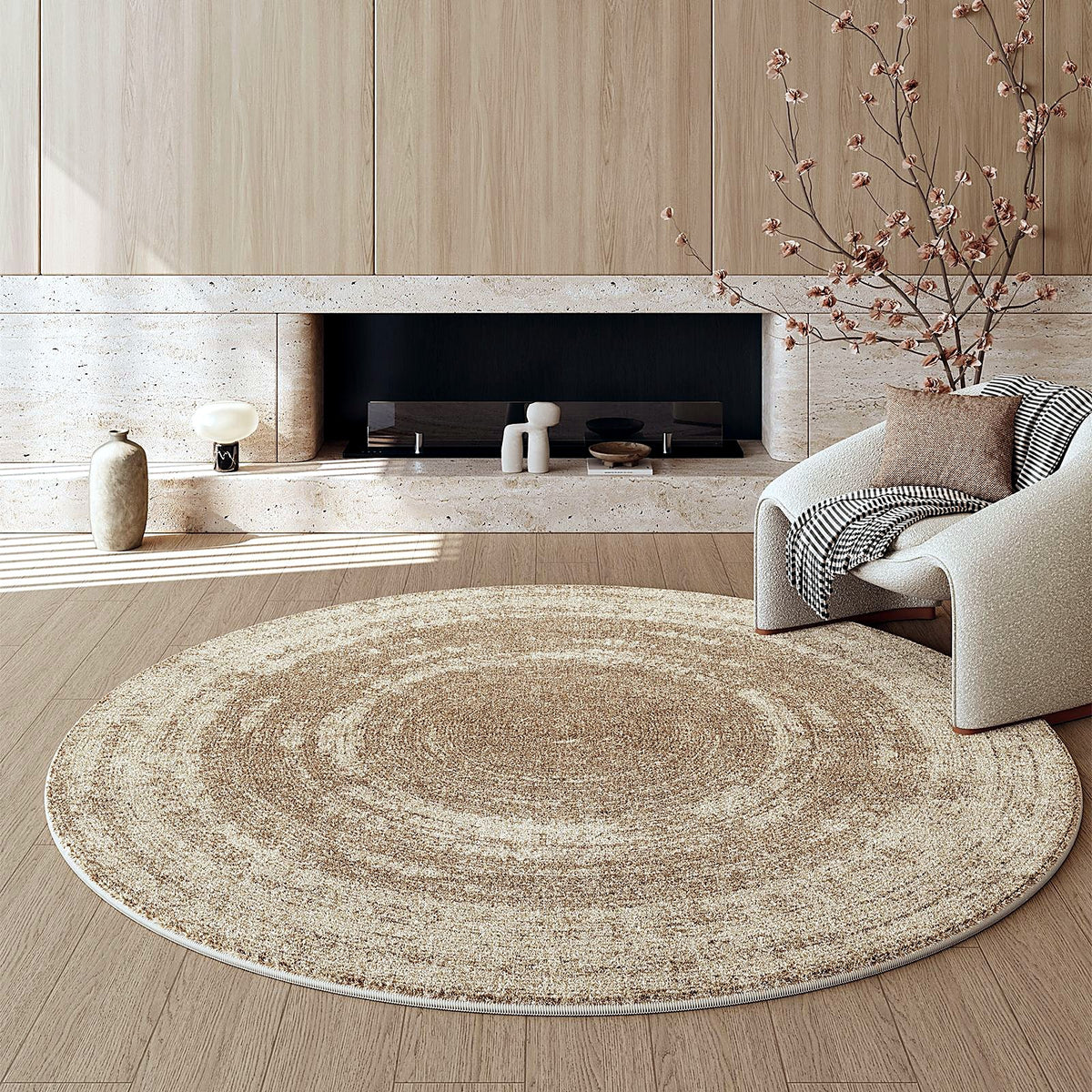 Tapis rond effet cachemire AUBRYNE, style Ondes sable
