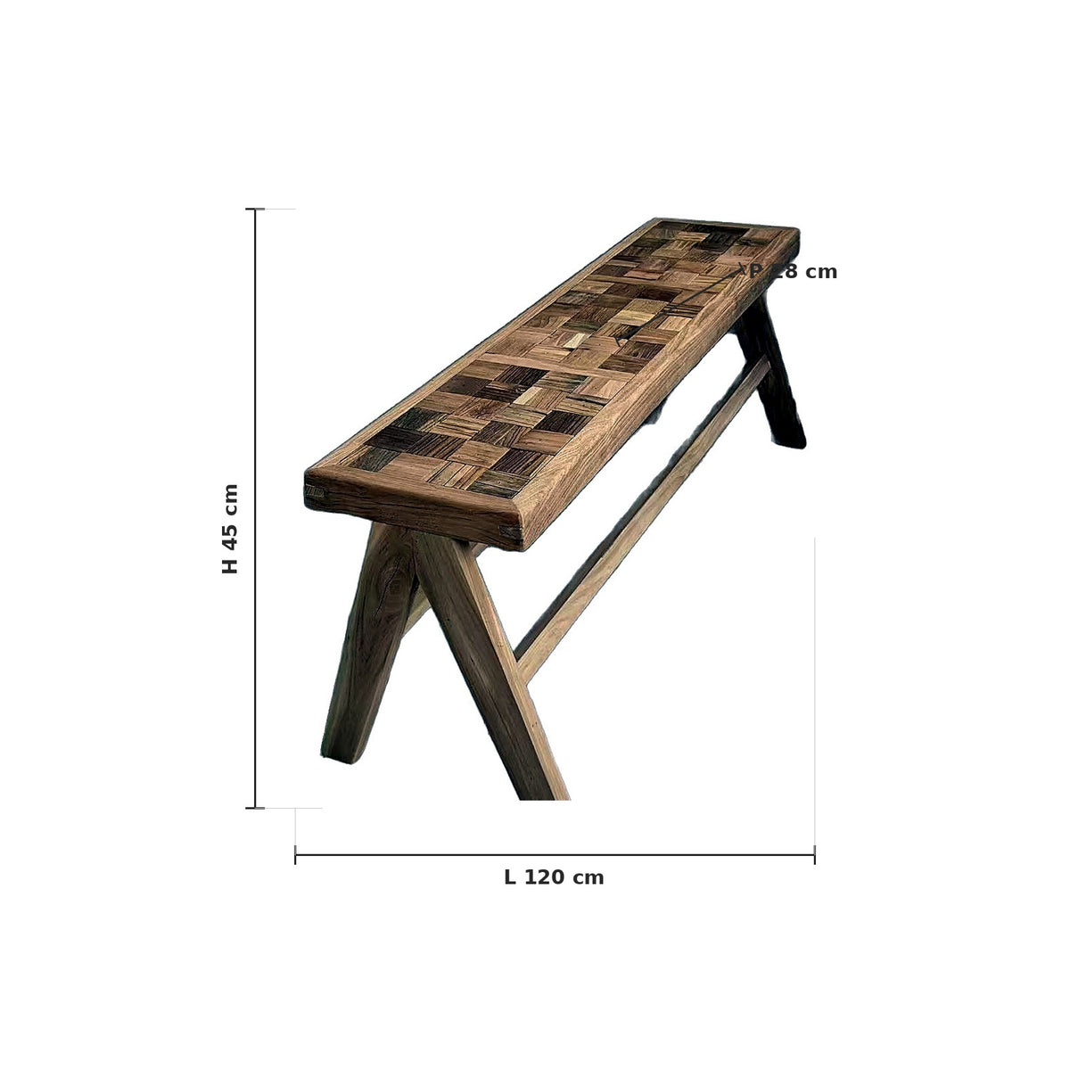 Banc en orme massif marqueté façon échiquier, vue de face avec dimensions