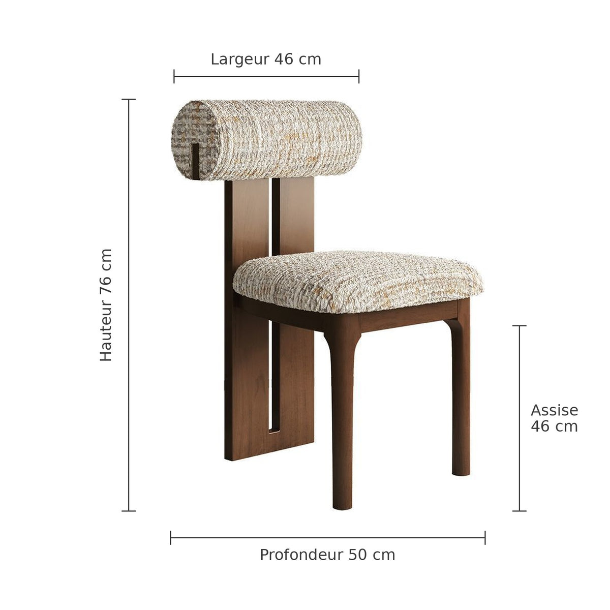 Dimensions de la chaise dossier boudin : hauteur 76 cm, largeur 46 cm, profondeur 50 cm