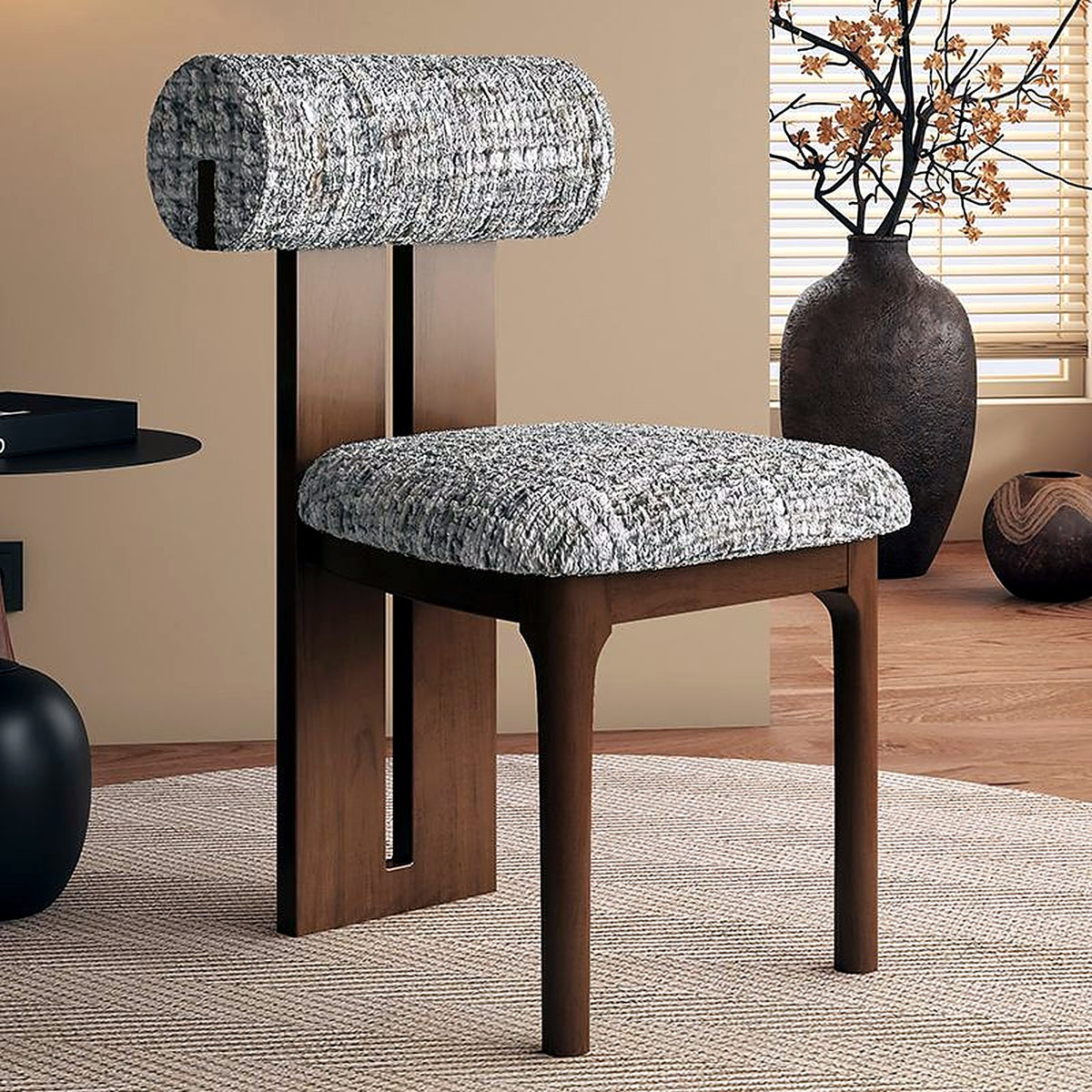 Chaise noyer et tweed gris