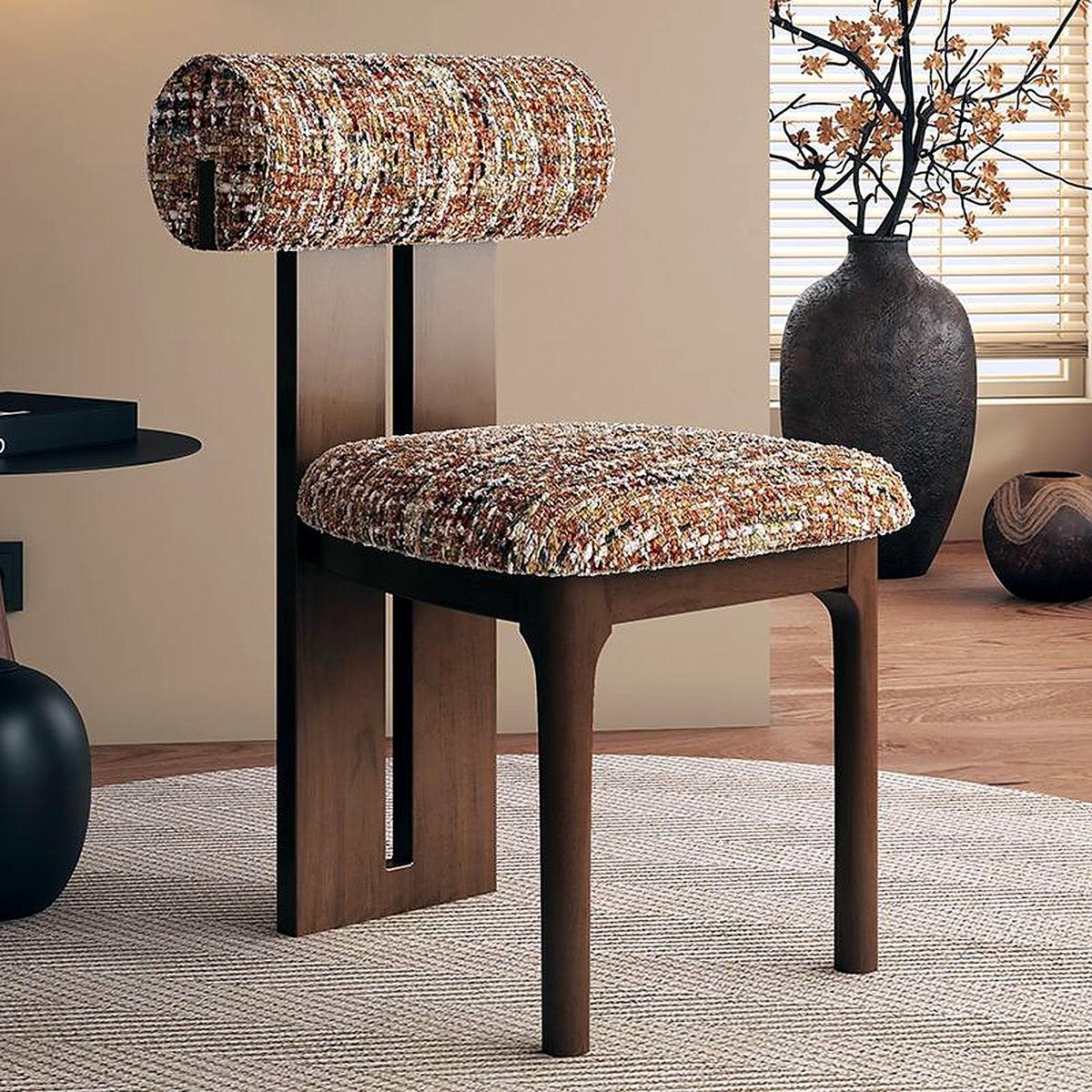 Chaise noyer et tweed terracotta
