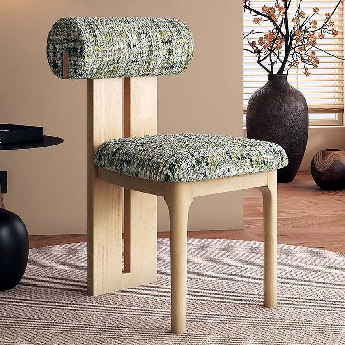 Chaise chêne naturel et tweed vert sauge