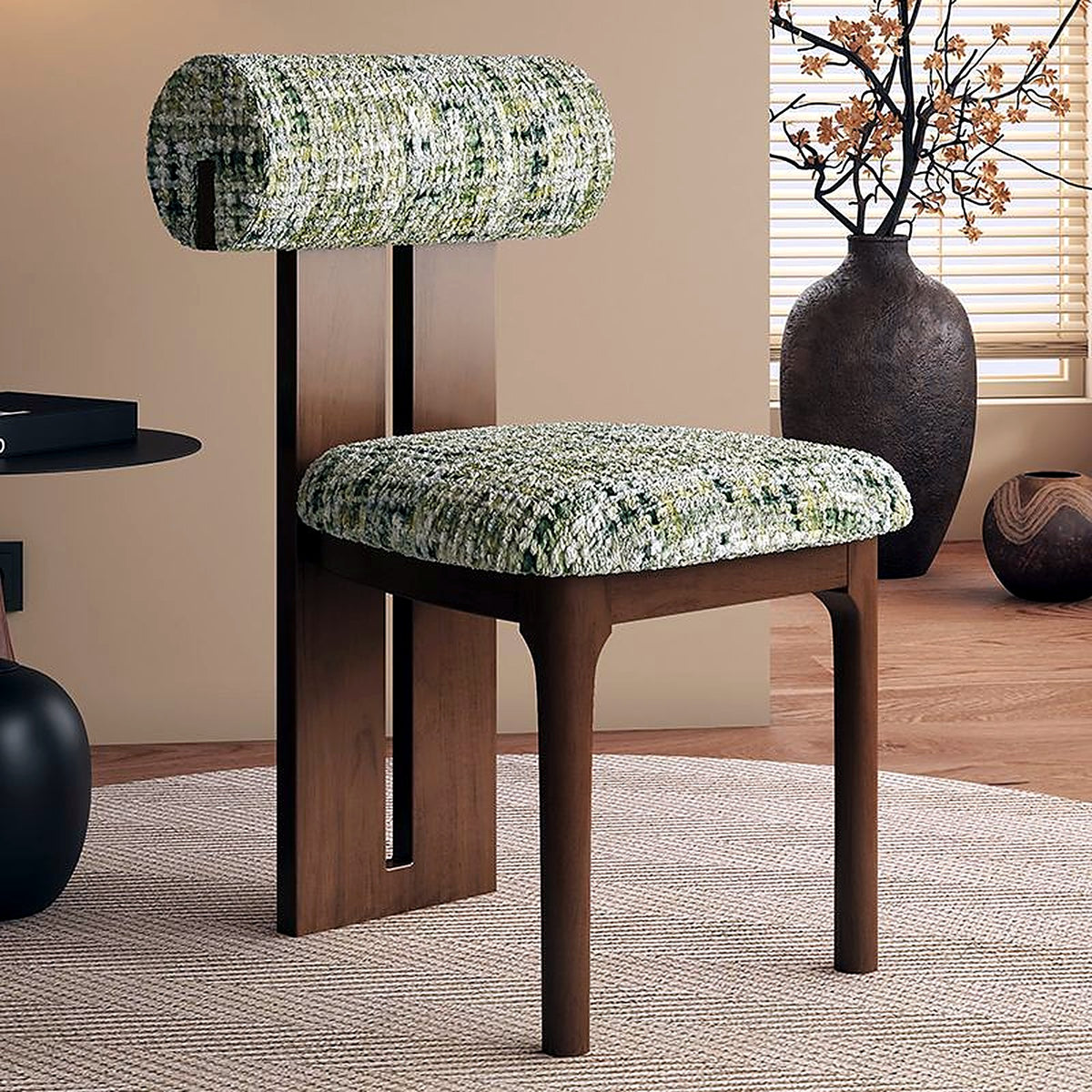 Chaise noyer et tweed vert sauge