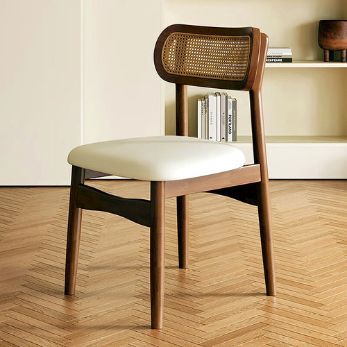 Chaise vintage AUBRYNE en noyer et cannage rotin, assise crème