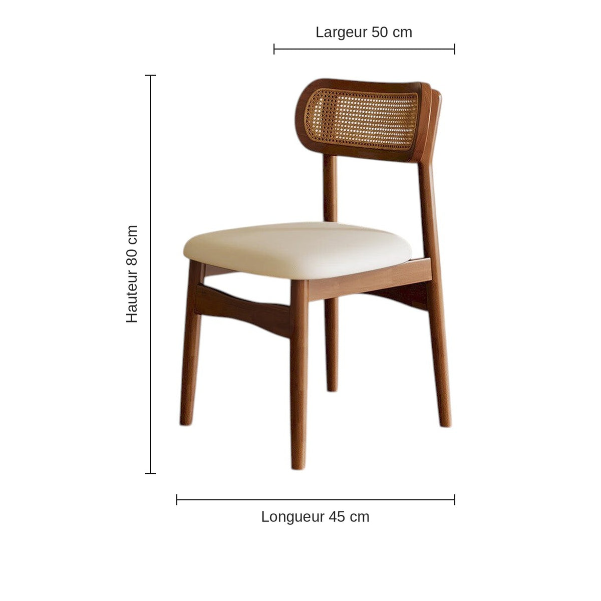 Chaise vintage noyer et cannage rotin, dimensions