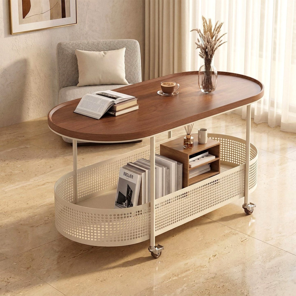 Table de chevet mobile ovale AUBRYNE, plateau noyer et panier crème