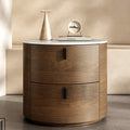 Table de chevet ronde noyer, plateau effet marbre