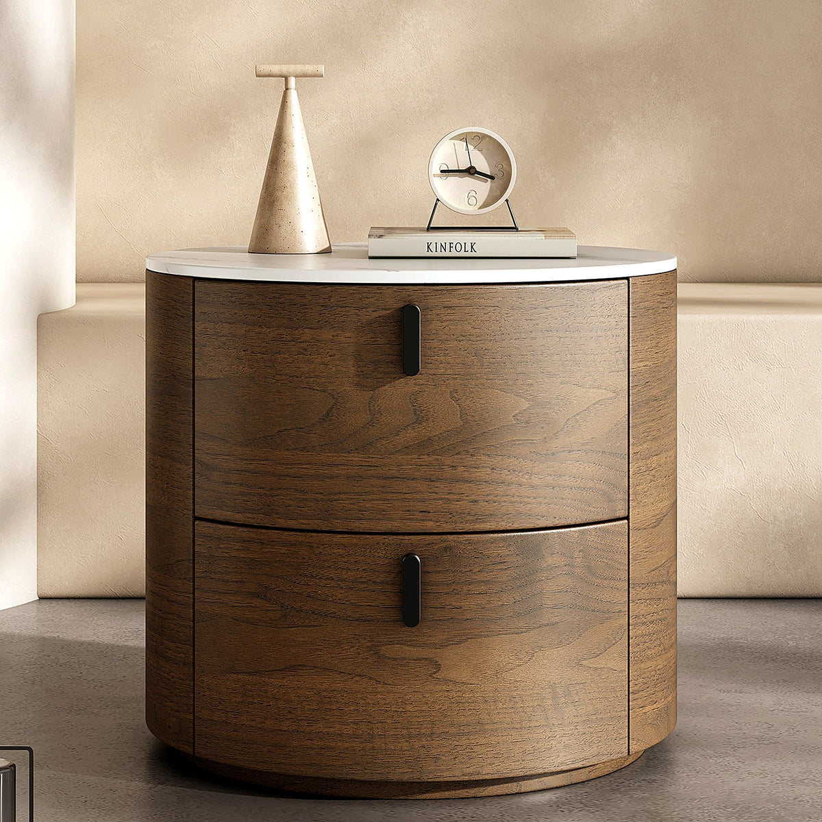 Table de chevet ronde noyer, plateau effet marbre