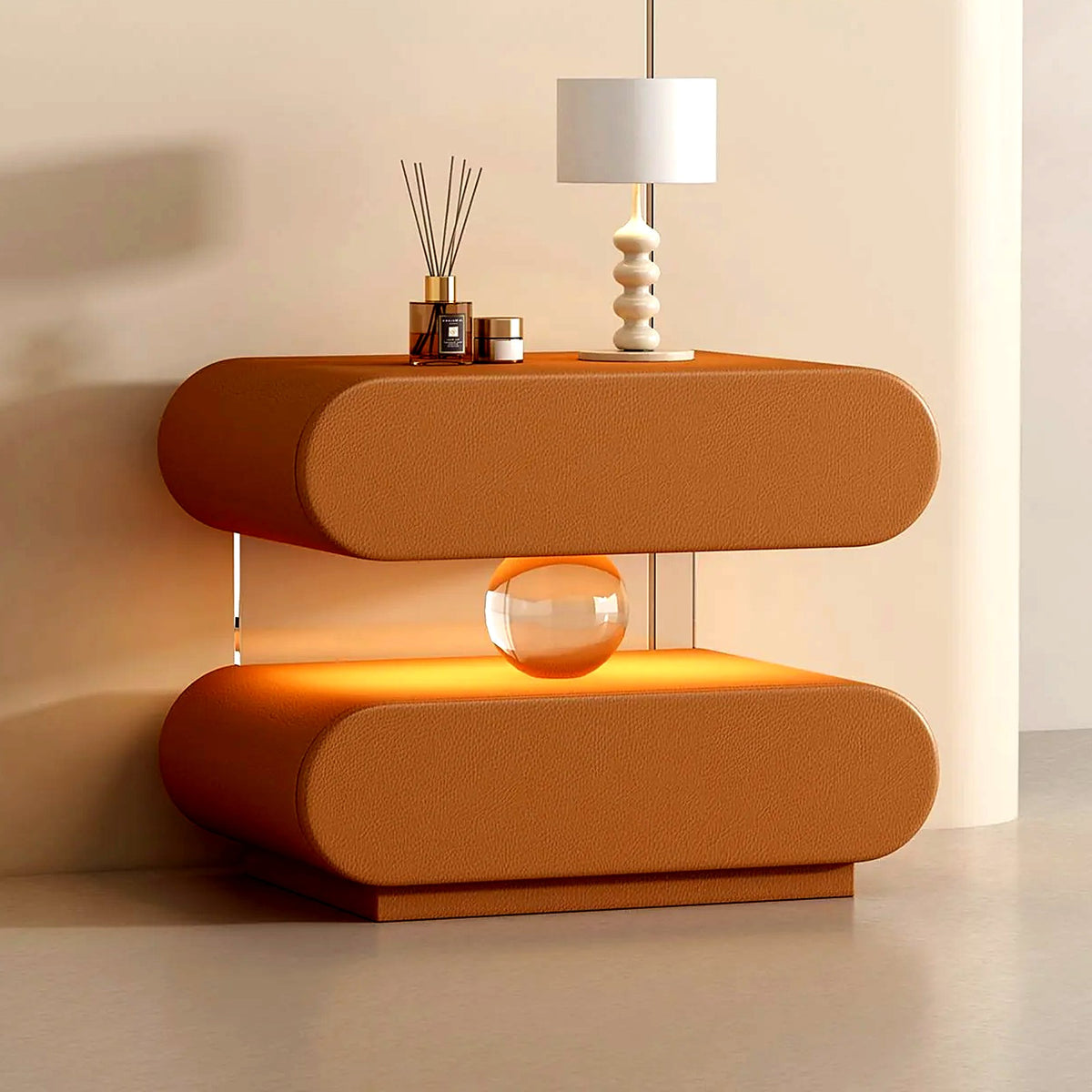 Table de chevet sphère lumineuse AUBRYNE, coloris caramel