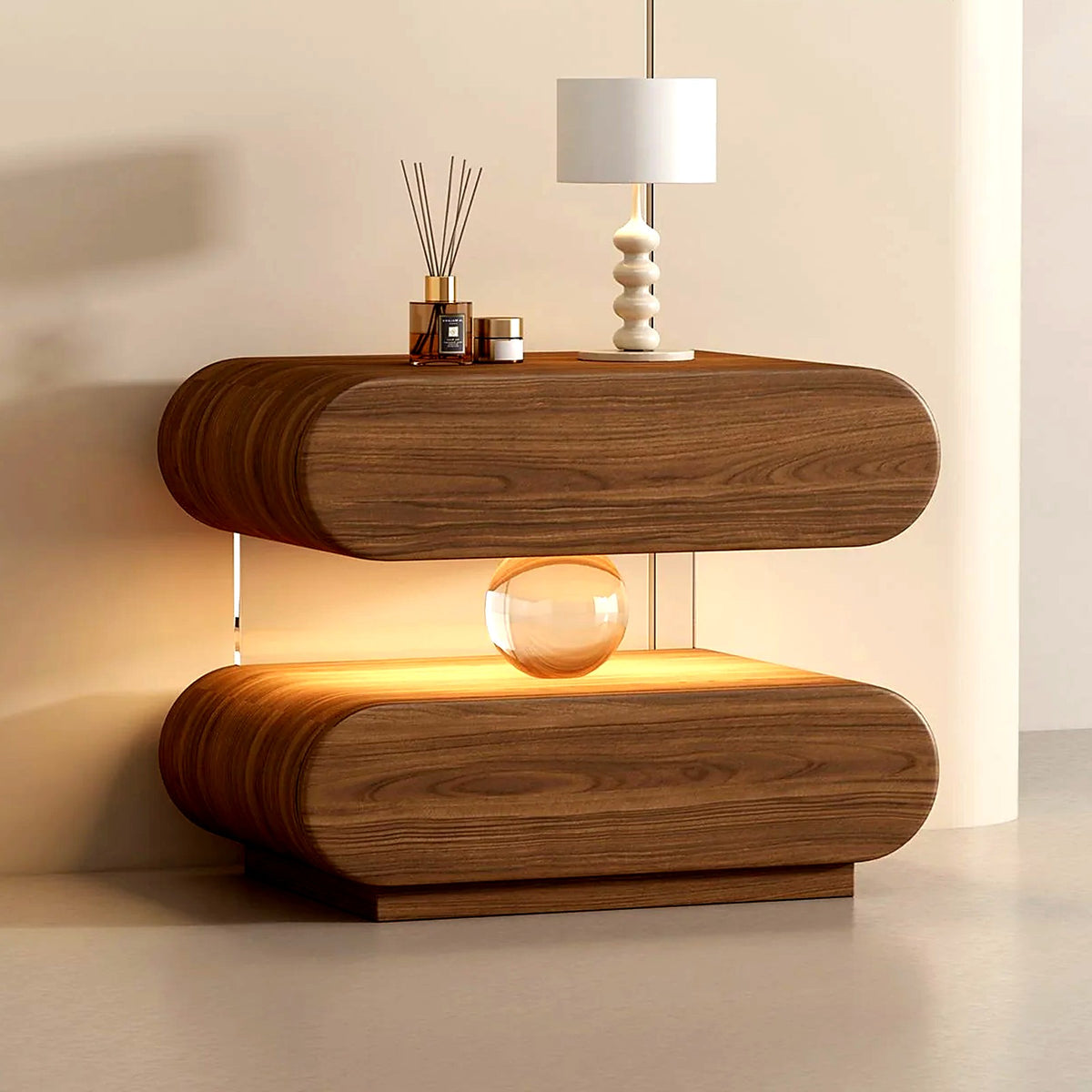 Table de chevet sphère lumineuse AUBRYNE, coloris noyer