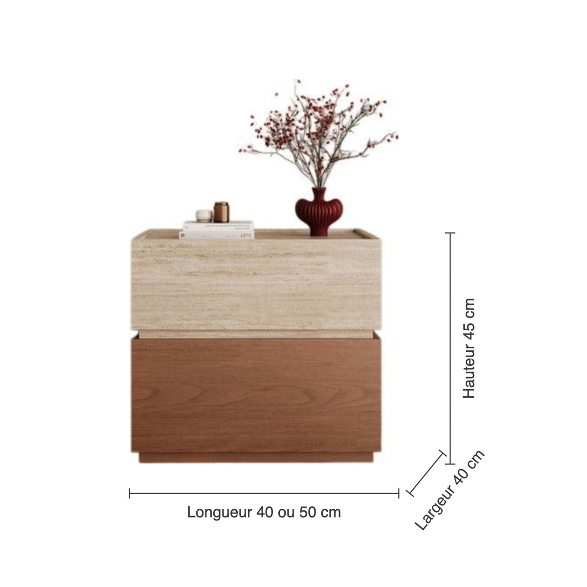 Dimensions : hauteur 45 cm, longueur 40 ou 50 cm, largeur 40 cm