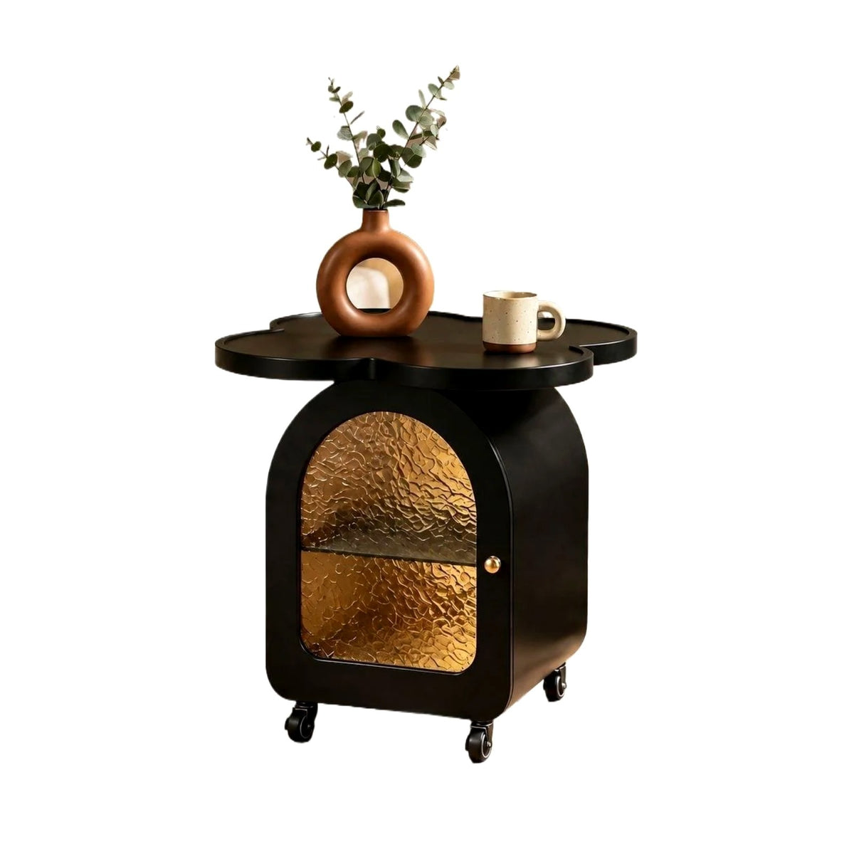 Table de chevet trèfle noire, porte en verre texturé