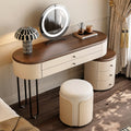 Coiffeuse crème et noyer AUBRYNE avec commode ronde, miroir LED et tabouret