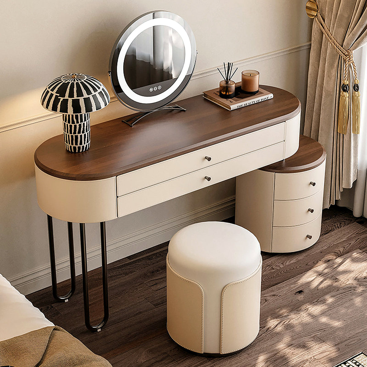 Coiffeuse crème et noyer AUBRYNE avec commode ronde, miroir LED et tabouret