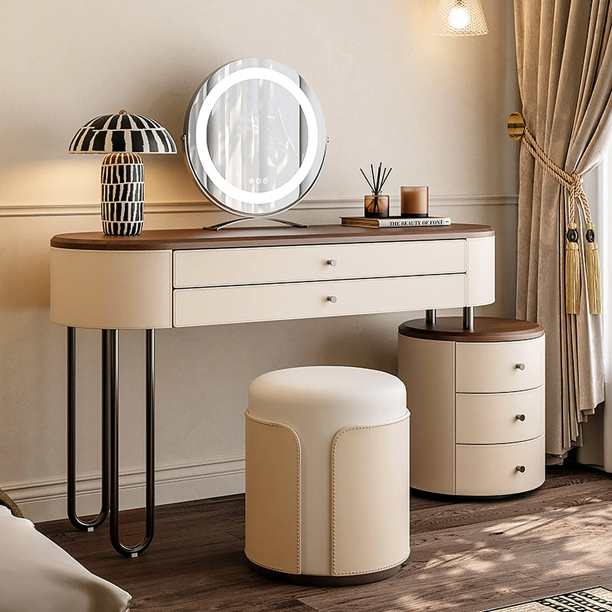 Coiffeuse crème et noyer AUBRYNE, ambiance chambre