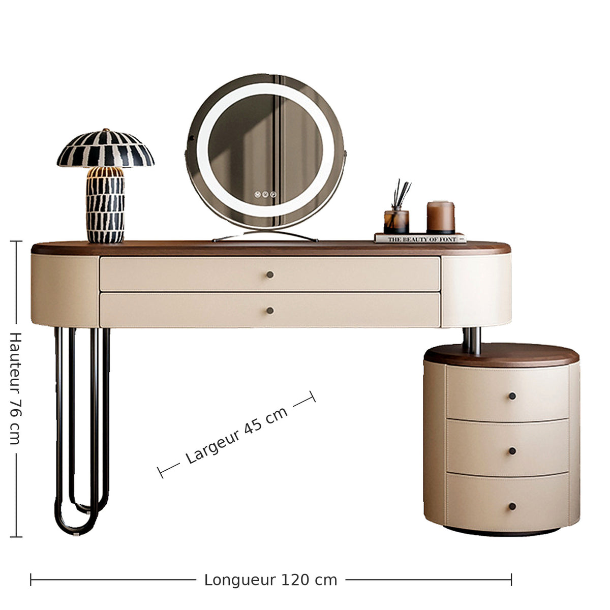 Coiffeuse crème et noyer AUBRYNE, dimensions hauteur, longueur et largeur, fond blanc