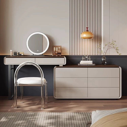 Coiffeuse italienne gris agate avec commode 6 tiroirs, miroir LED et chaise