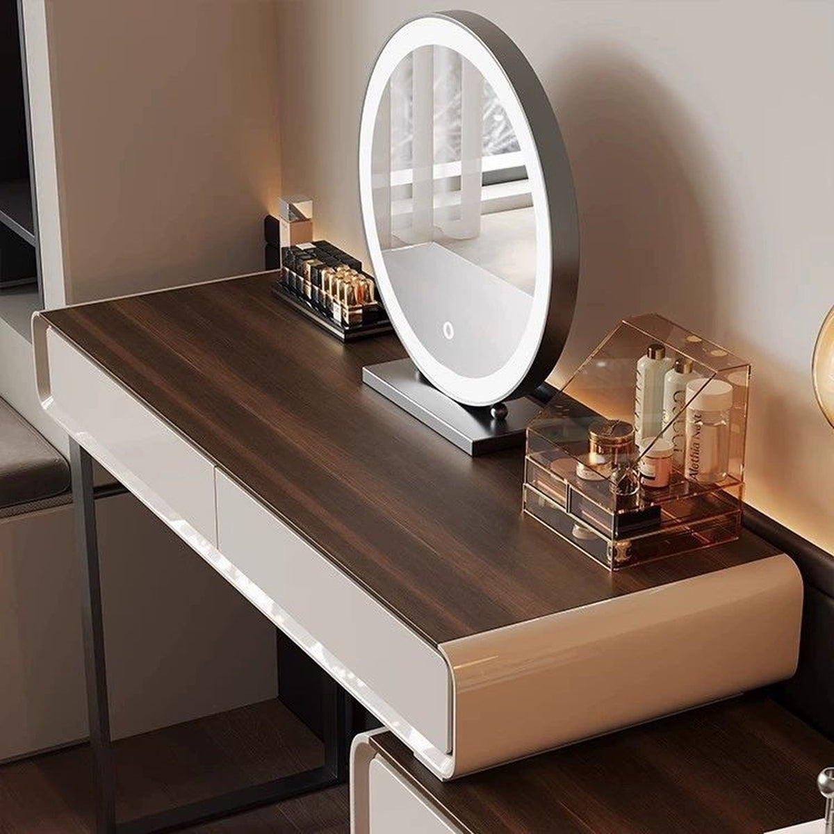Plateau noyer et miroir LED, détail