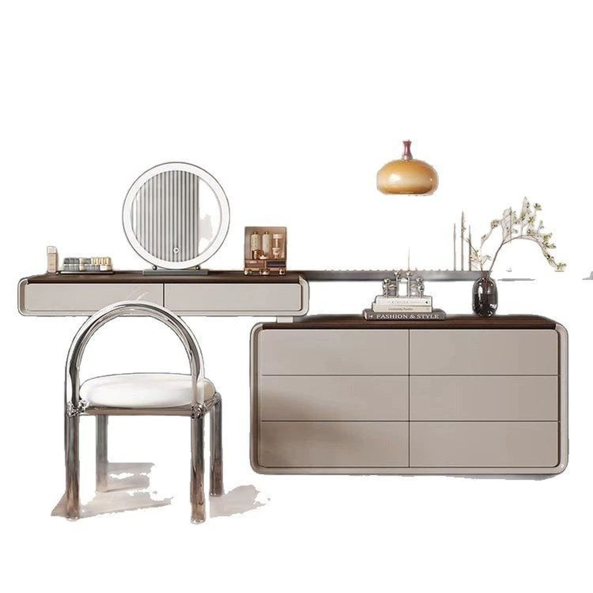 Coiffeuse gris agate avec commode, chaise et miroir, fond blanc