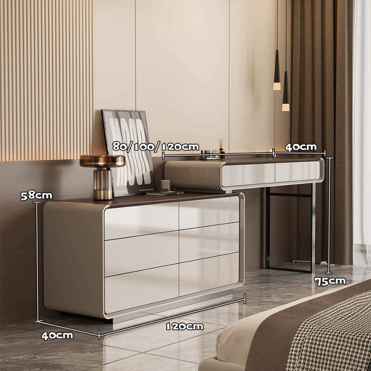 Coiffeuse gris agate - dimensions : 80/100/120 × 40 × 75 cm, commode 120 × 40 × 58 cm
