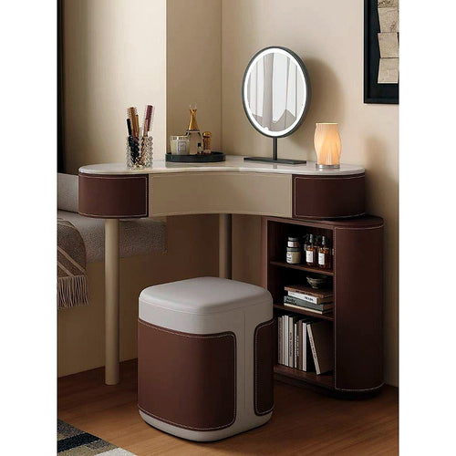 Coiffeuse d'angle en cuir marron avec miroir LED et tabouret