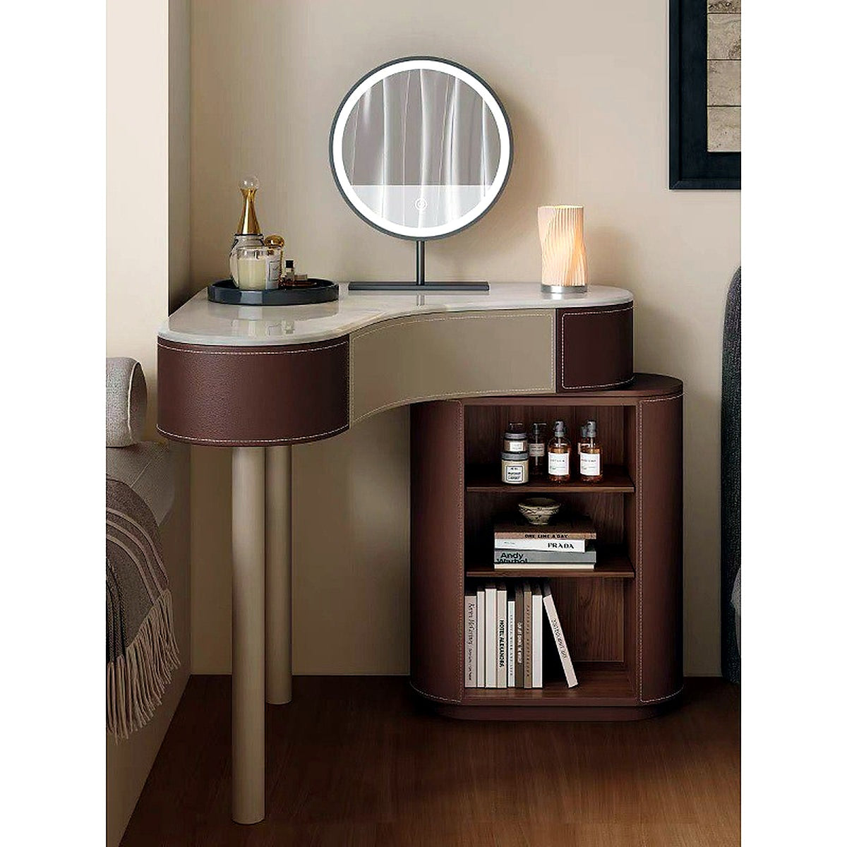 Coiffeuse d'angle avec miroir LED, meuble de rangement
