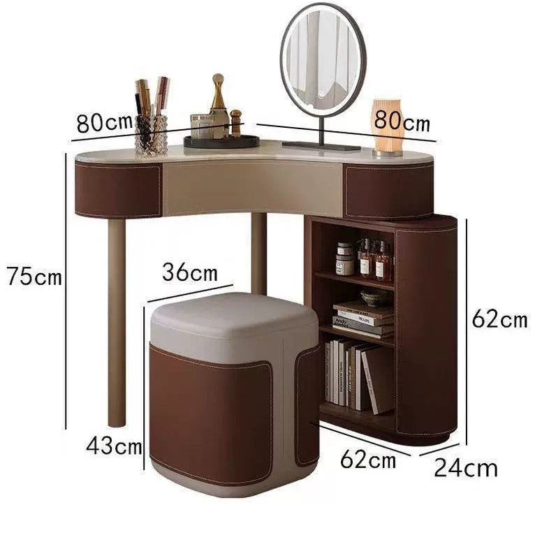 Coiffeuse d'angle - dimensions : plateau 80 x 80 cm, hauteur 75 cm, meuble 62 x 24 x 62 cm, tabouret 36 x 43 cm