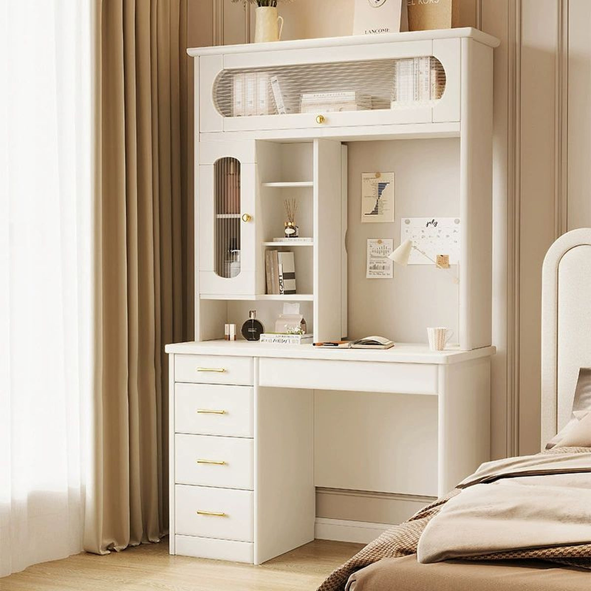 Coiffeuse-bureau crème, miroir fermé, en mode bureau