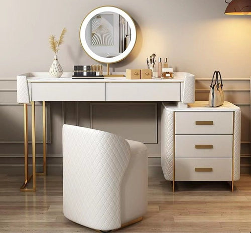 Coiffeuse blanche capitonnée avec commode 3 tiroirs, miroir LED et fauteuil