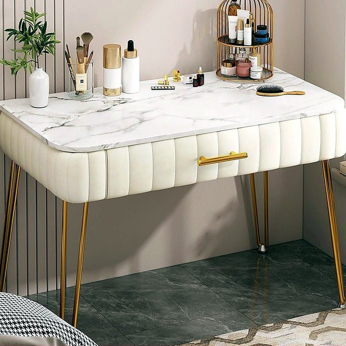 Coiffeuse capitonnée AUBRYNE, version sans miroir, plateau effet marbre