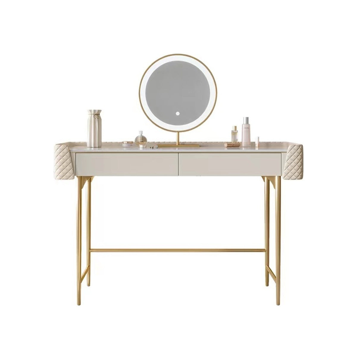 Coiffeuse blanche capitonnée avec miroir LED, fond blanc