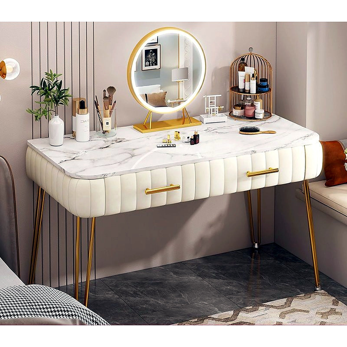 Coiffeuse capitonnée AUBRYNE beige, avec miroir LED rond