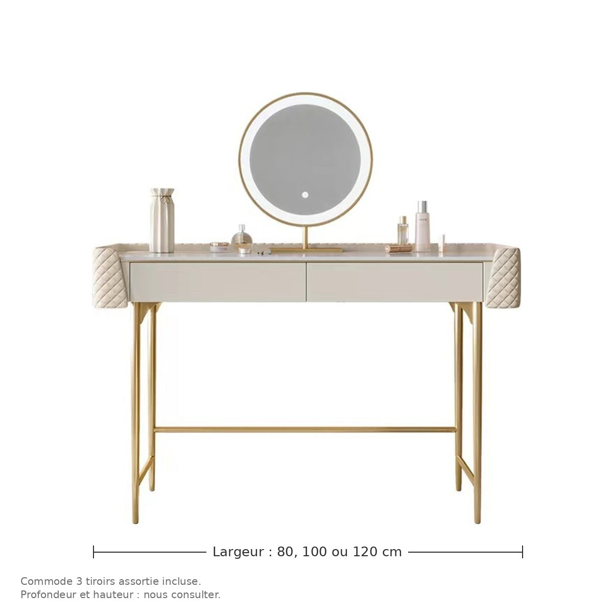 Coiffeuse blanche capitonnée - dimensions : largeur 80, 100 ou 120 cm