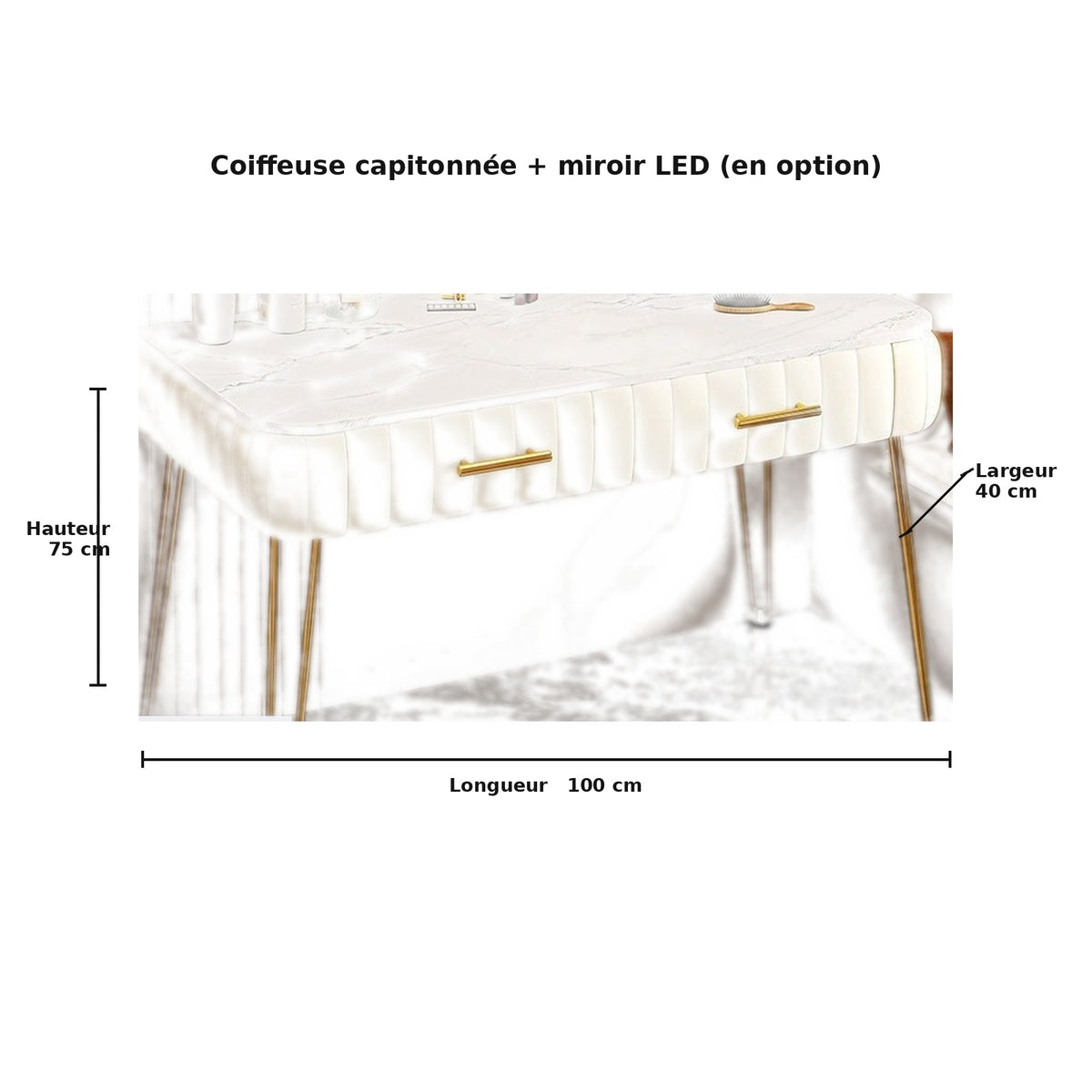 Coiffeuse capitonnée AUBRYNE, dimensions, fond blanc