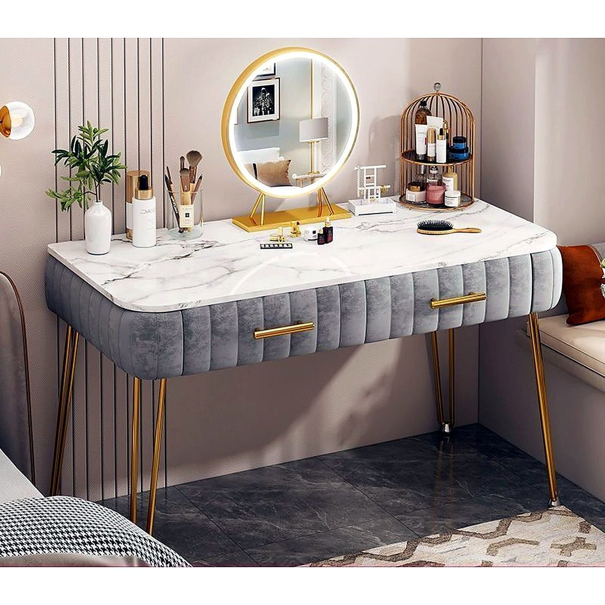 Coiffeuse capitonnée AUBRYNE gris, avec miroir LED rond
